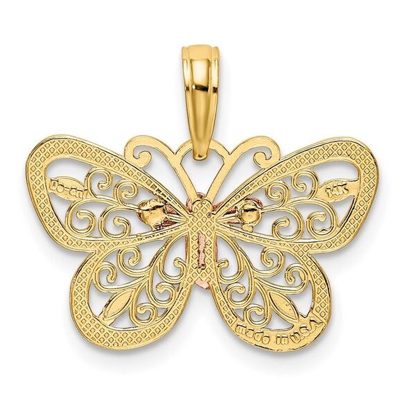 14k Yellow Gold Two-tone w/White Rhodium Diamond-cut Butterfly Pendant
